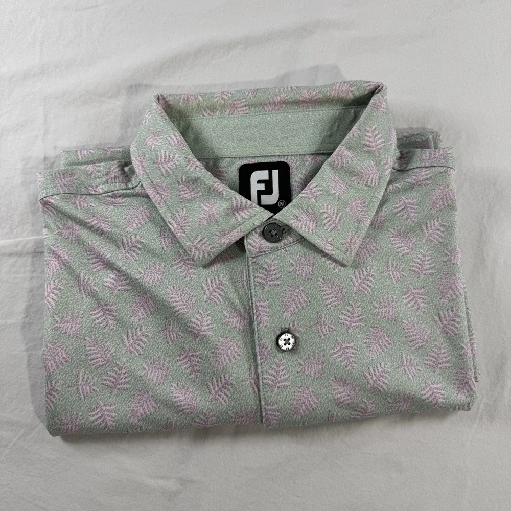 Footjoy FJ‎ Men's M Lisle Shadow Palm Print Green Golf Performance Polo Shirt